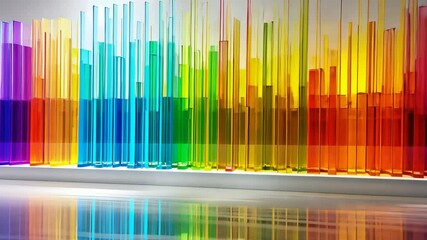 Poster - Bright glass structures form a striking installation in a modern urban gallery, reflecting colors on the polished floor