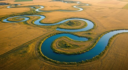 Fototapete - Aerial view of winding river through golden fields during sunset