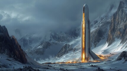 Aufkleber - A hypersonic rocket stands ready for launch against a backdrop of towering mountains and twilight skies, reflecting innovation in aerospace and electromagnetic propulsion technology.