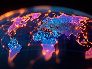 Aufkleber - Global digital connectivity through colorful data visualization world map infographic nighttime aerial view