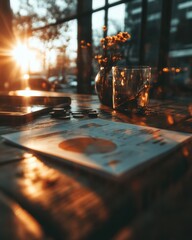 Fototapete - Golden Hour Financial Strategy Warm Minimalist Workspace with Moody Analytics, Sunset-Illuminated Data Visualization for Modern Business Intelligence