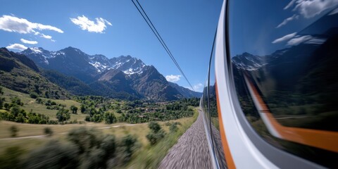 Aufkleber - Sustainable Mobility Revolution High-Speed Electric Train Gliding Through Alpine Landscape - Next-Gen Transportation Showcasing Eco-Innovative Travel Solutions for Climate-Conscious Explorers