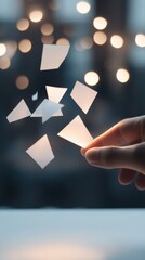 Aufkleber - Minimalist Digital Transformation Ethereal Paper Fragments and Interactive Gesture Visualizing Fluid Information Management in Soft-Focus Tech Workspace