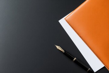Poster - Modern Legal Minimalism Sleek Orange Leather Portfolio with Vintage Fountain Pen - Professional Branding and Elegant Document Management for Contemporary Business