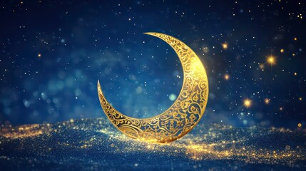 Wall Mural - golden crescent moon on starry night background. use stock photo