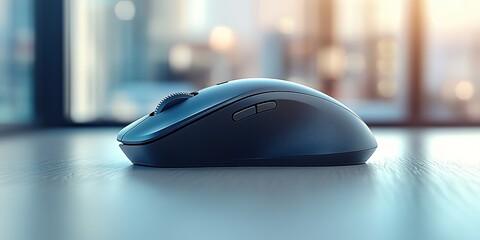 Poster - High-quality computer mouse placed on a desk with natural light streaming in from the window in a modern workspace