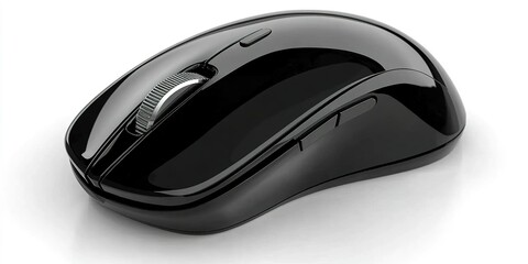Poster - Black computer mouse on a white background showcasing sleek design and ergonomic features for comfortable scrolling and clicking