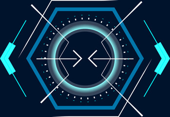 Poster - Futuristic glowing blue hexagonal user interface with arrows pointing to the center is ideal for backgrounds, websites, or presentations related to technology, innovation, or virtual reality