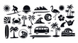 © cddesign.co - A tropical beach and surf-themed vector set with palm trees, waves, surfboards, a van, flamingos, and ocean elements in a bold black silhouette style. Perfect for t-shirt designs, and branding.