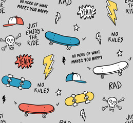 Wall Mural - Hand drawn skateboarding elements seamless pattern. Skate background. Skateboarding doodle illustration. Vector illustration. Seamless pattern with cartoon skull, skateboard, hat etc.