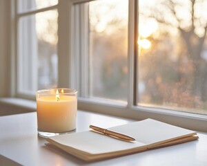 Aufkleber - Soft Minimalist Productivity Mindful Work-from-Home Aesthetic with Golden Hour Illumination - Wellness-Focused Creative Workspace Design