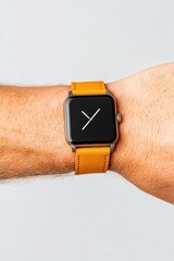 Poster - Minimalist Smart Wearable Tech Sleek Mustard Leather Smartwatch Showcasing Next-Gen Digital Wellness and Connected Lifestyle Innovation for Modern Professionals