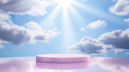 Wall Mural - a pink podium with pink clouds and a blue sky background, perfect for product display, cosmetics, fa