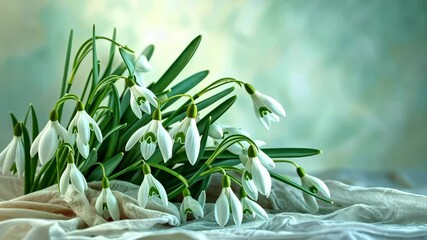 Aufkleber - A delicate bouquet of snowdrops rests on a soft, textured cloth. Concept of: Spring's awakening.