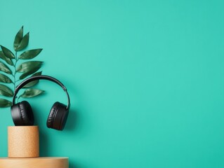 Poster - Minimalist Audio Essentials Wireless Noise-Cancelling Headphones with Botanical Accent - Modern Creative Workspace Design and Digital Media Productivity