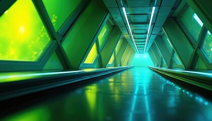 Poster - Abstract green tunnel with walls, neon lights. The perspective lines converge into bright light. Tech wallpaper design with glowing colours, vibrant shades creates futuristic effect.