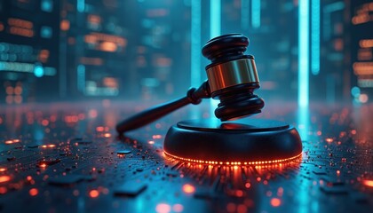 Aufkleber - Judges gavel on hi-tech surface enforcement of cybersecurity laws, regulations within abstract tech environment. Digital compliance hologram representation for data protection, legal cyber law.