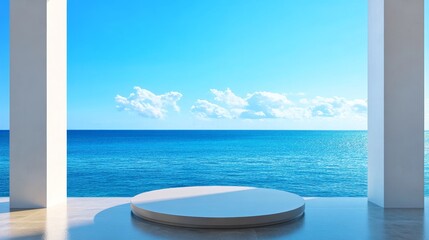 Wall Mural - Ocean View Platform - Tranquil scene of a circular platform overlooking a serene ocean under a bright blue sky