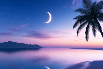 Wall Mural - Serene Tropical Night - Tranquil beach scene at twilight, crescent moon, palm tree silhouette, calm ocean, peaceful atmosphere