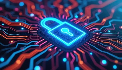 Leinwandbilder - Cybersecurity data protection shown as glowing padlock on circuit board. Internet network safety, online privacy, secure access. Digital data encryption abstract tech concept protects electronic