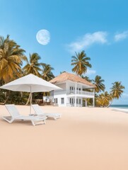 Wall Mural - Tropical Beach House Getaway - Relaxing beach scene with white beach house, palm trees, and lounge chairs under a beach umbrella. Perfect for vacation or travel