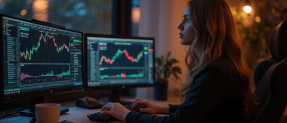 Poster - woman analyzes financial data on dual monitors in cozy workspace, showcasing her focus and determination