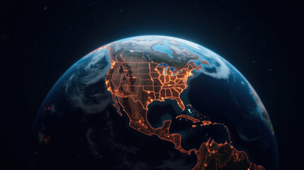 Poster - glowing map of North America showcasing illuminated cities and landscapes, highlighting urban areas and geographical features