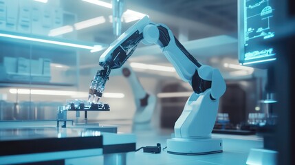 Poster - Advanced robot with artificial intelligence in a futuristic lab analyzing real-time data