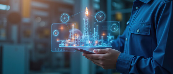 Poster - Digital oil rig visualization on tablet, showcasing technology and innovation in energy sector