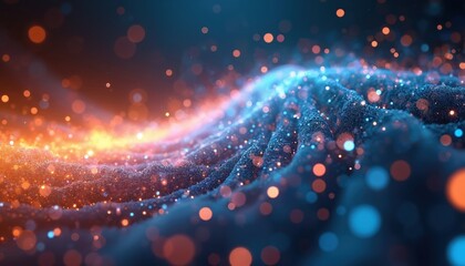 Poster - Abstract digital data stream with binary code glowing particles. Light burst, speed movement, flow energy. Futuristic modern dynamic vibrant colorful background for technology, data science,