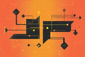 Poster - Abstract network diagram against an orange gradient featuring geometric shapes