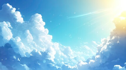 Wall Mural - bright blue sky with fluffy white clouds illuminated by sunlight during a clear day, creating a sere