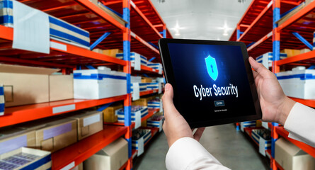Poster - cyber security system on computer screen protect private information snugly from hacker and cyber at