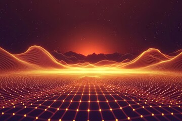 Poster - Abstract landscape with glowing grids and mountains under a star-filled fiery sky