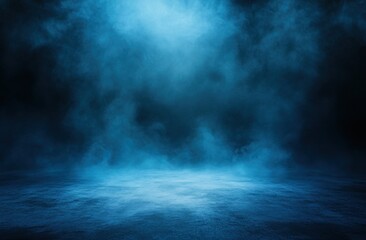 Aufkleber - Abstract background of blue mist in a dark room, an empty scene for product presentation with smoke and fog on a black concrete floor.