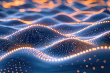 Fototapete - Abstract waves of blue with glowing orange particles form an elegant background