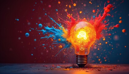 Aufkleber - Light bulb bursts with multicolored splashes of paint, sparks. Electric lamp shines. Creative idea, brainstorm, innovation, solution, eureka effect, inspiration concept. Power energy business