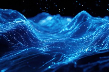 Fototapete - Abstract flowing light creates dynamic waves in a digital blue landscape