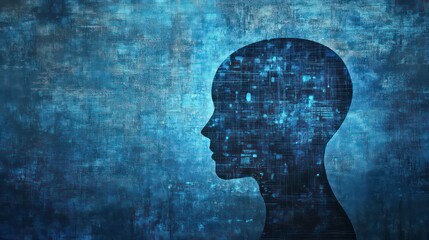 Poster - Profile of a digital head on a textured background. Possible use Conceptual image of technology and the mind