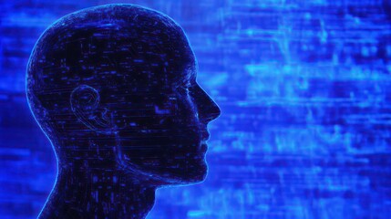 Poster - Background with silhouette of human head with digital schematic on blue background
