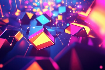 Fototapete - Abstract arrangement of colorful illuminated geometric shapes and connecting lines
