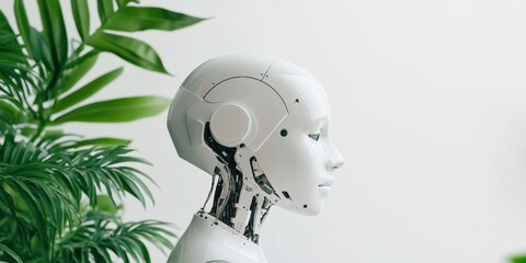 Poster - Minimalist AI Future Sleek Humanoid Robot Profile with Biophilic Plant Aesthetic - Innovative Tech Meets Organic Design in Next-Gen Artificial Intelligence Visualization