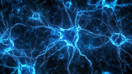 Poster - Artificial intelligence network. Abstract image of a digital network illuminated by blue light, showing interconnected nodes and lines on a dark background.