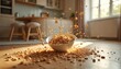© Pete - Granola cereal bowl falling to floor in elegant kitchen. Impact moment, cereal scattered over wooden floor, sunlight. Morning breakfast food mess, balanced diet, culinary concept, healthy eating.