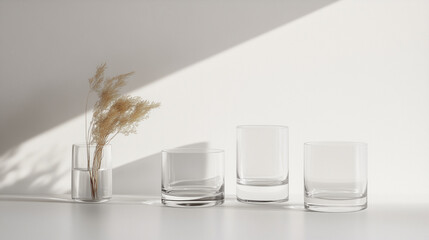 Elegant display of transparent glasses and delicate plant on a minimalist table in soft morning light