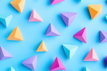 Poster - Colorful Paper Pyramids on Blue Surface playful geometric arrangement and patterns
