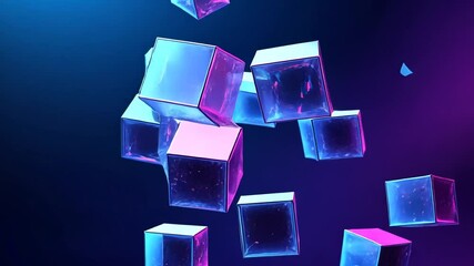 Abstract Floating Cubes with Neon Gradient Lighting and Dark Background Loop