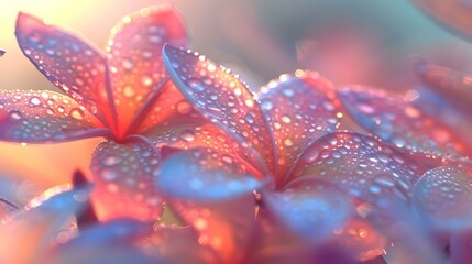 Wall Mural - Dew-kissed petals of a Plumeria flower bathed in soft, warm sunlight. A dreamy, close-up macro shot.