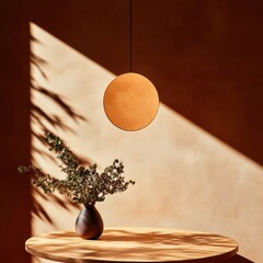 Aufkleber - Minimalist Golden Hour Stillness Geometric Ceramic Vase with Delicate Botanical Arrangement Casting Ethereal Shadows on Warm Terracotta Surface