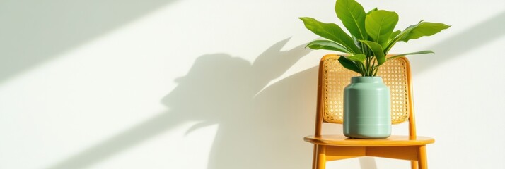 Aufkleber - Minimalist Design Sanctuary Vintage Wooden Chair and Modern Ceramic Vase with Lush Green Plant - Tranquil Home Decor Inspiration for Wellness-Focused Urban Living